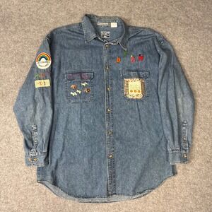 Vintage Pacific Crest Denim Shirt XL Custom Cross Stitch Religious Folk Art Blue
